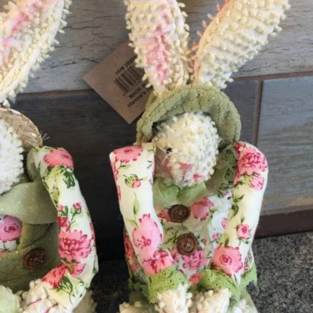 Shabby Chic Chenille Easter Bunny Rabbit Boy & Girl Plush Sitters NEW Lot of 2